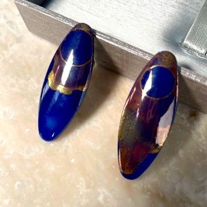 Gorg Lapis Blue & Gold Artisan post stud earrings Vintage! Galaxy design 💙⭐️